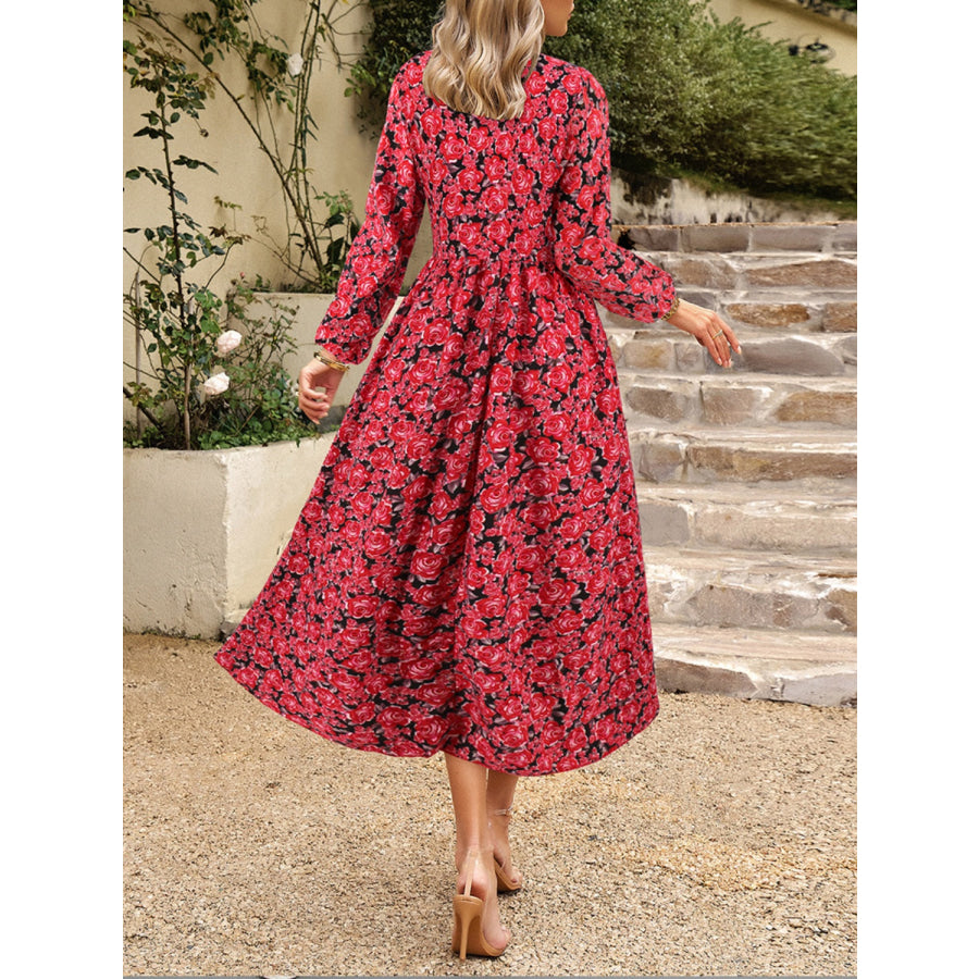 Floral V-Neck Long Sleeve Midi Dress Apparel and Accessories