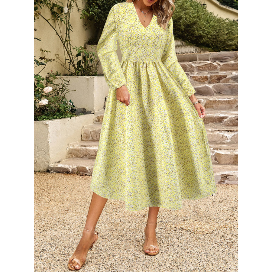 Floral V-Neck Long Sleeve Midi Dress Light Yellow / S Apparel and Accessories