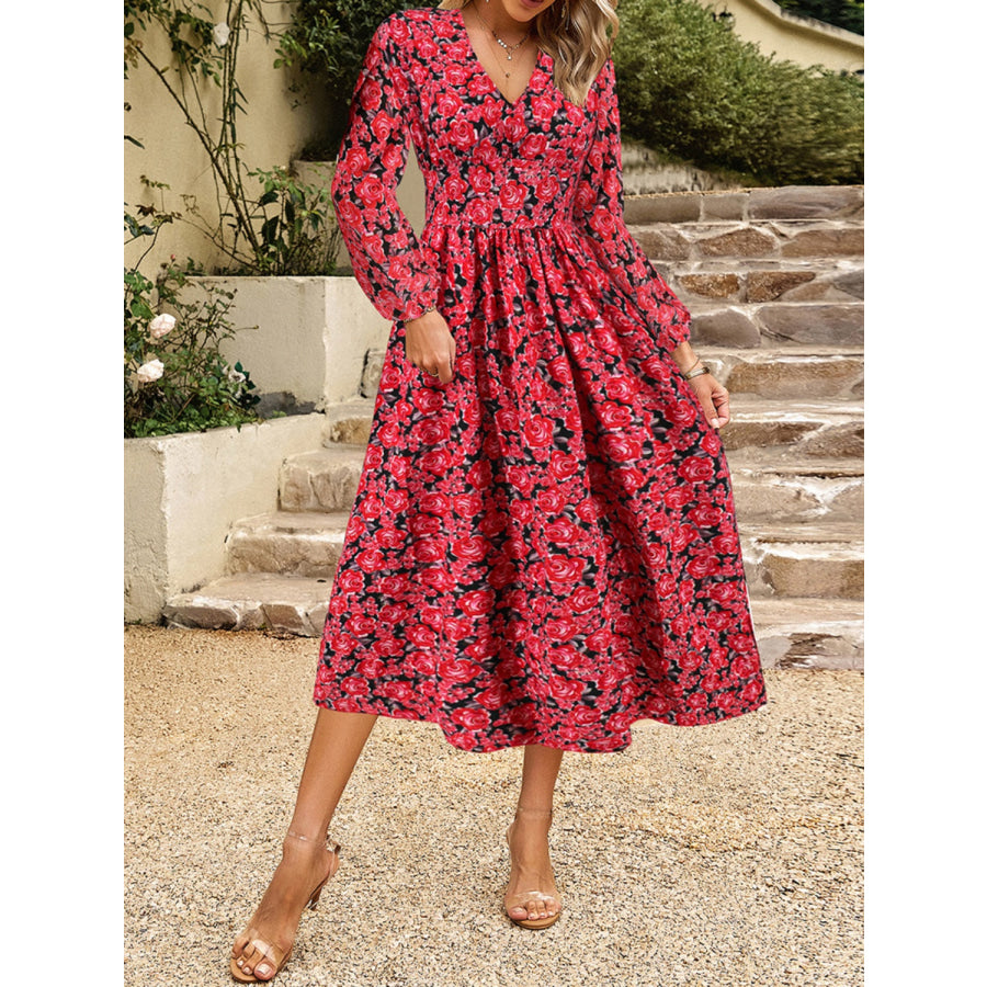 Floral V-Neck Long Sleeve Midi Dress Orange-Red / S Apparel and Accessories