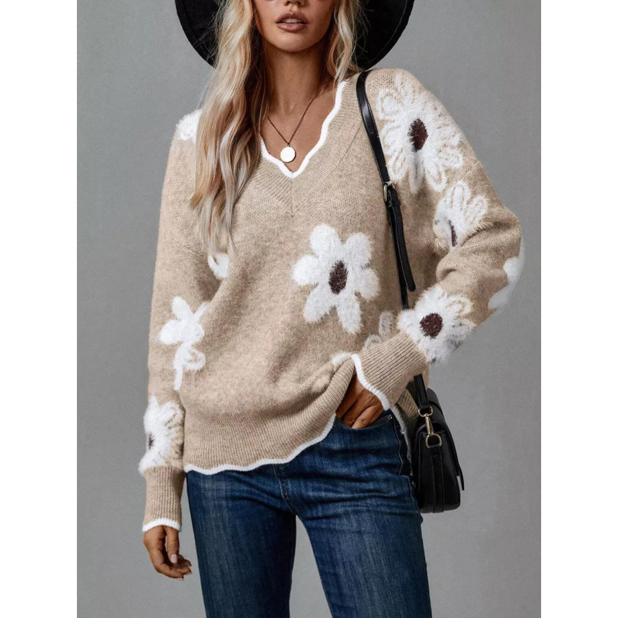 Floral V-Neck Long Sleeve Sweater Apparel and Accessories