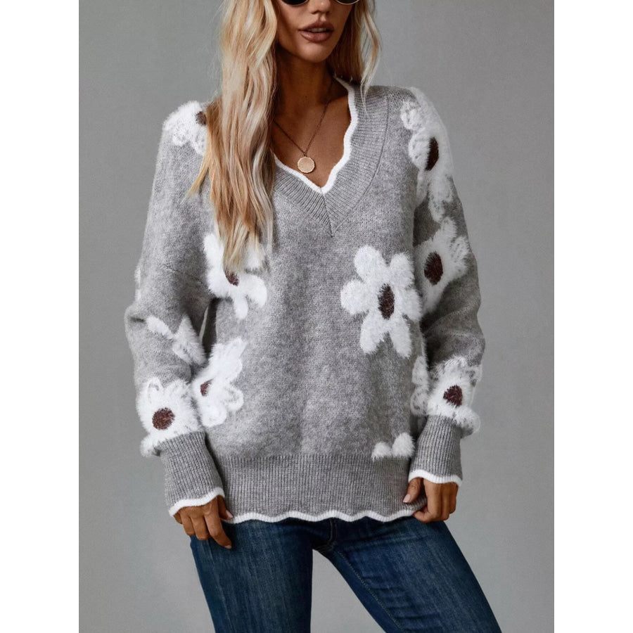 Floral V-Neck Long Sleeve Sweater Apparel and Accessories
