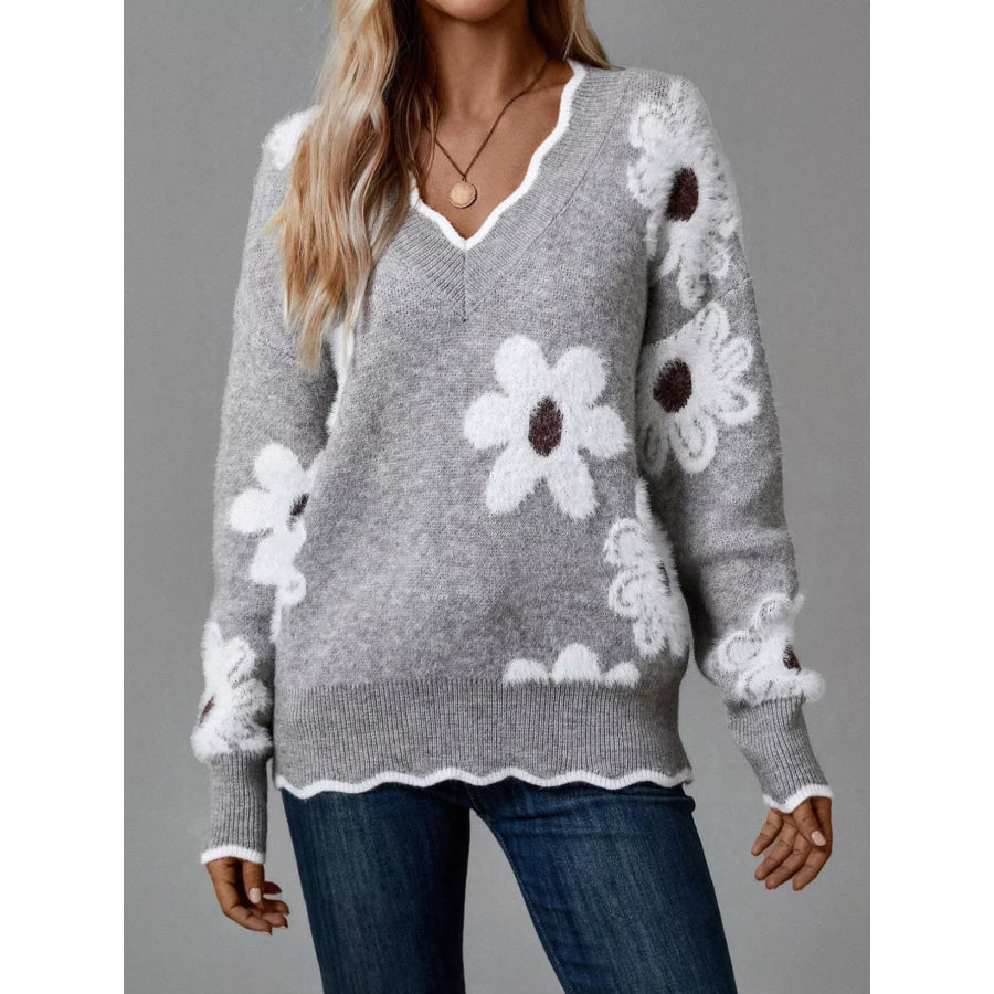 Floral V-Neck Long Sleeve Sweater Apparel and Accessories
