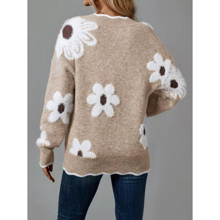 Floral V-Neck Long Sleeve Sweater Apparel and Accessories