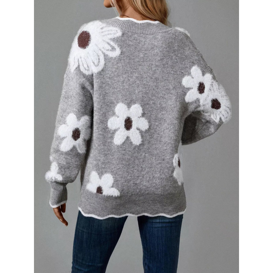 Floral V-Neck Long Sleeve Sweater Apparel and Accessories