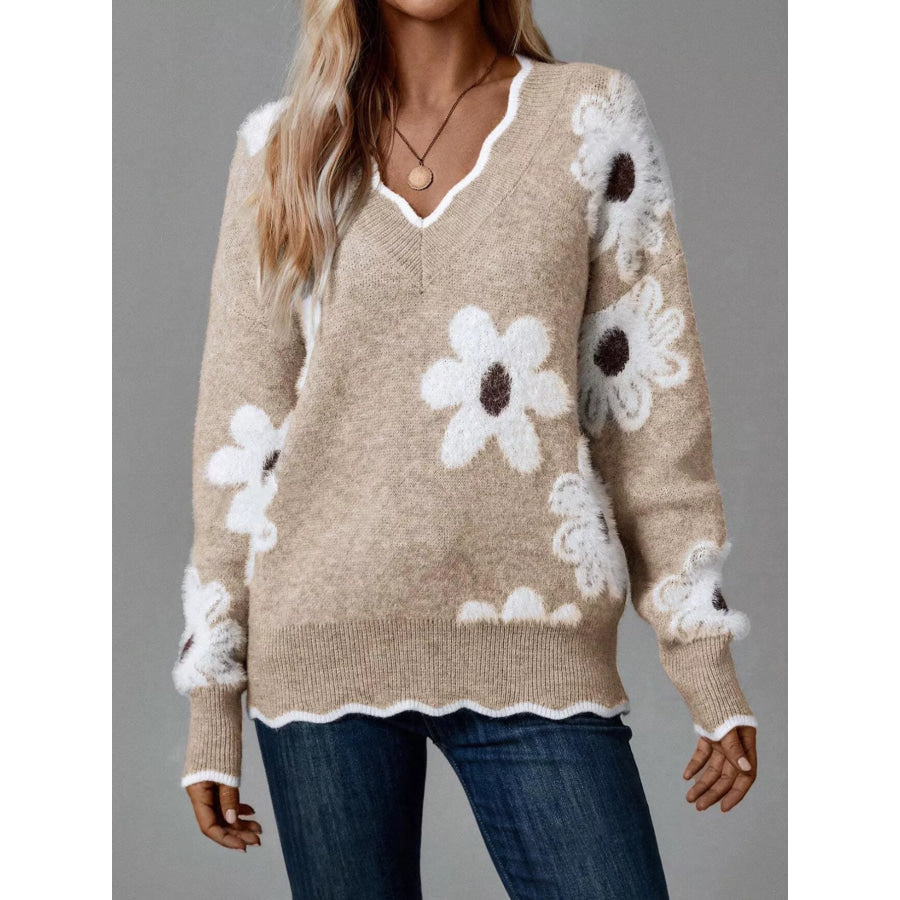 Floral V-Neck Long Sleeve Sweater Apparel and Accessories