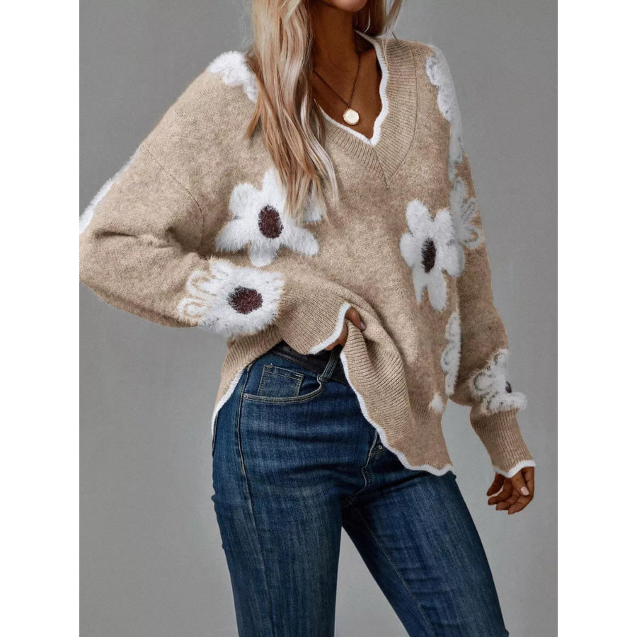 Floral V-Neck Long Sleeve Sweater Apparel and Accessories