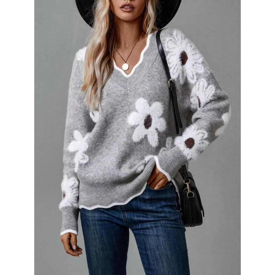 Floral V-Neck Long Sleeve Sweater Gray / S Apparel and Accessories