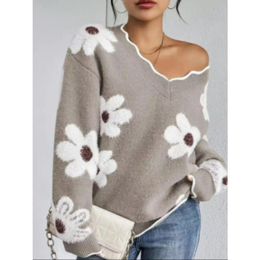 Floral V-Neck Long Sleeve Sweater Mocha / S Apparel and Accessories
