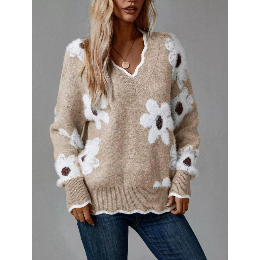 Floral V-Neck Long Sleeve Sweater Tan / S Apparel and Accessories