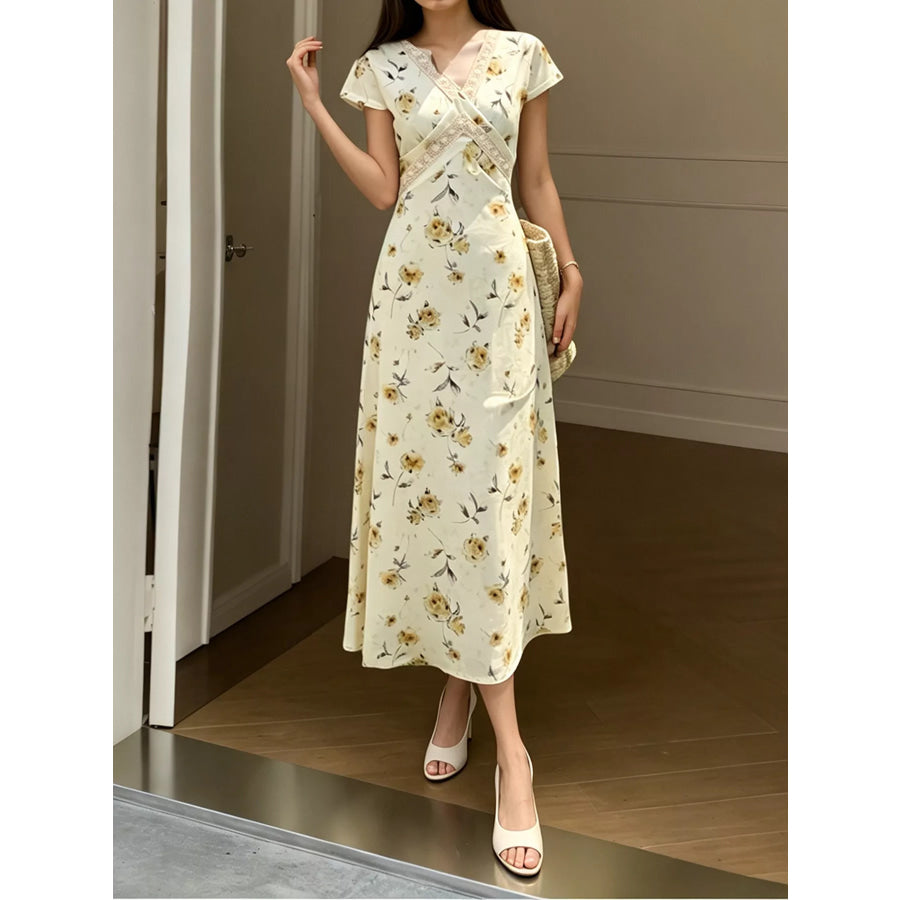 Floral V-Neck Midi Dress with Lace Trim Apparel and Accessories