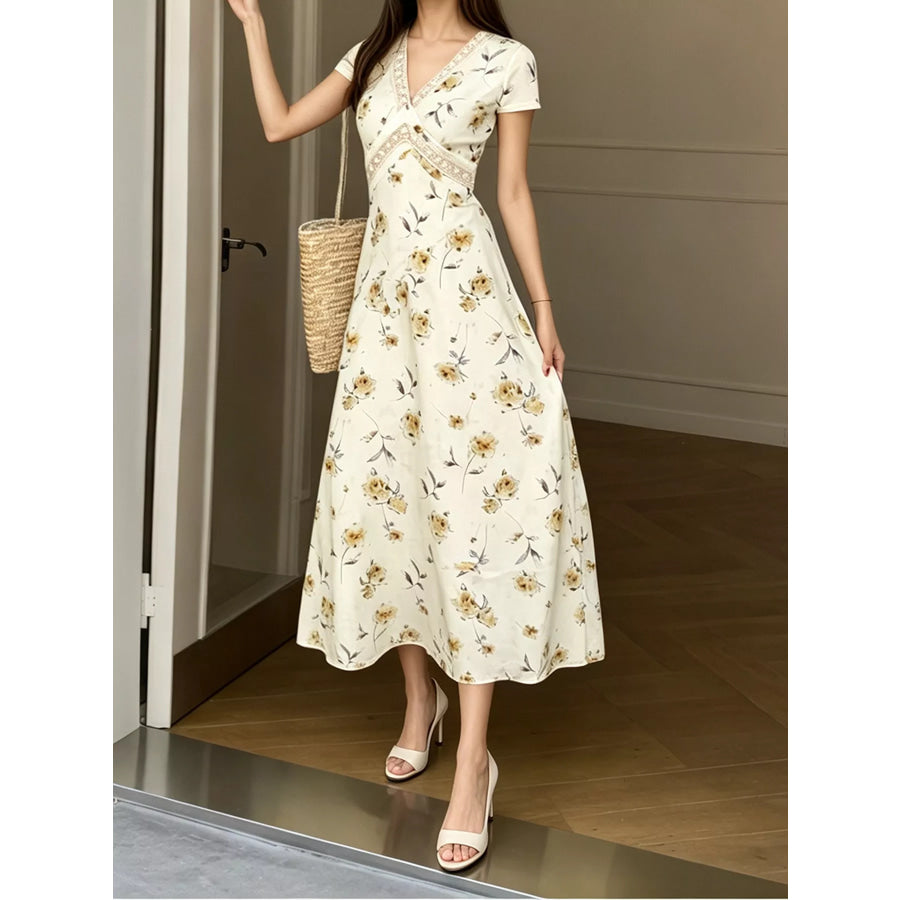 Floral V-Neck Midi Dress with Lace Trim Yellow / M Apparel and Accessories