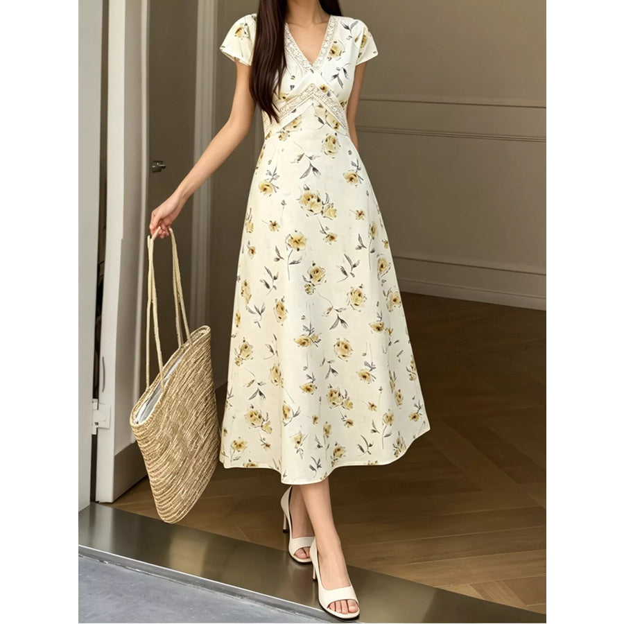 Floral V-Neck Midi Dress with Lace Trim Yellow / M Apparel and Accessories