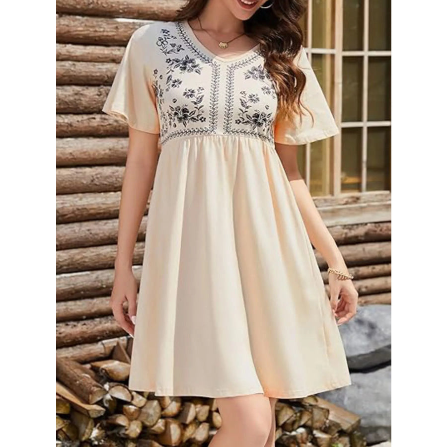 Floral V-Neck Mini Dress Apparel and Accessories