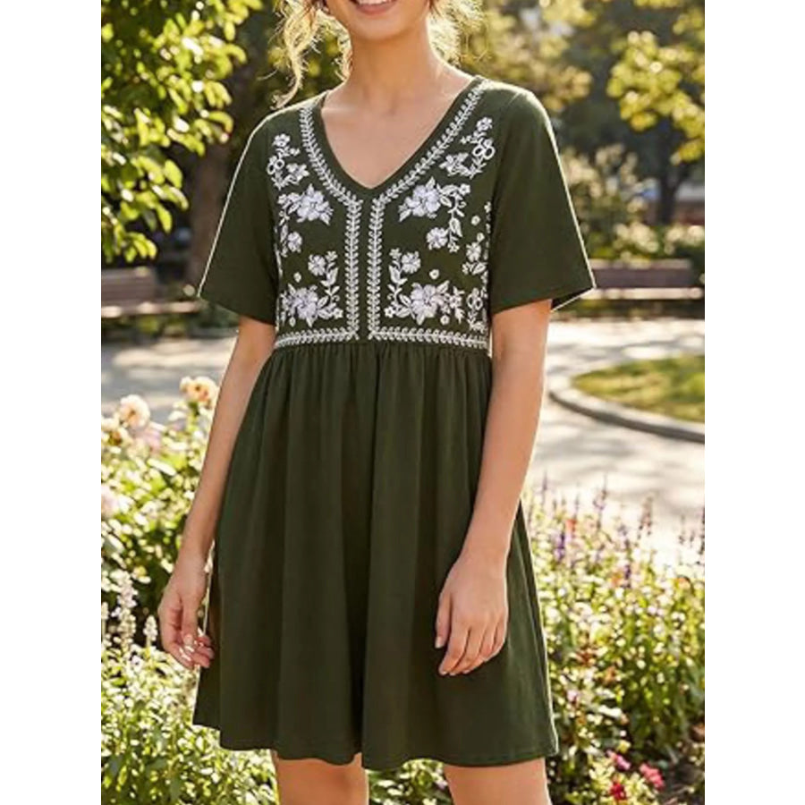 Floral V-Neck Mini Dress Apparel and Accessories