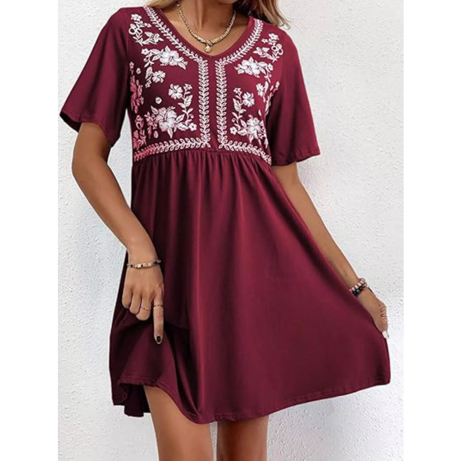 Floral V-Neck Mini Dress Apparel and Accessories