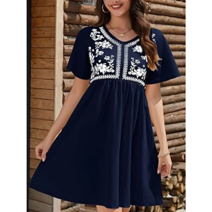 Floral V-Neck Mini Dress Apparel and Accessories