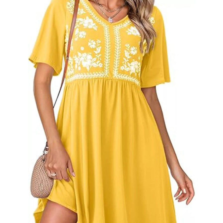 Floral V-Neck Mini Dress Apparel and Accessories