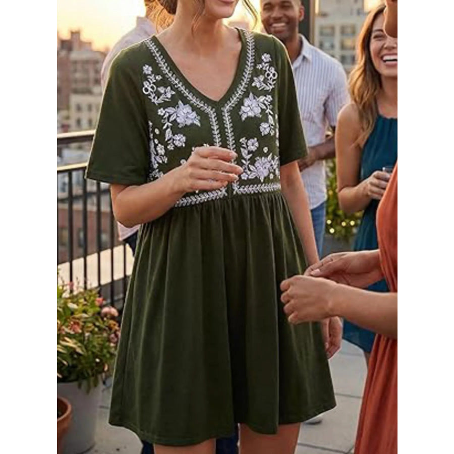 Floral V-Neck Mini Dress Apparel and Accessories