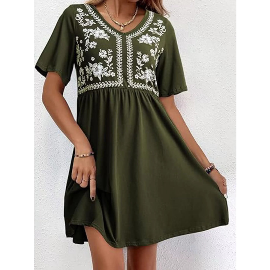 Floral V-Neck Mini Dress Army Green / S Apparel and Accessories