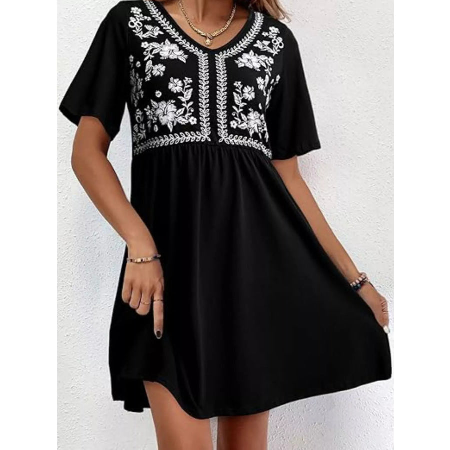 Floral V-Neck Mini Dress Black / S Apparel and Accessories