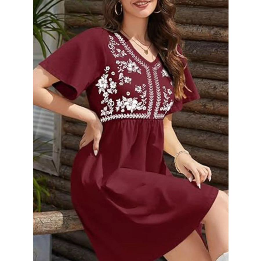 Floral V-Neck Mini Dress Burgundy / S Apparel and Accessories