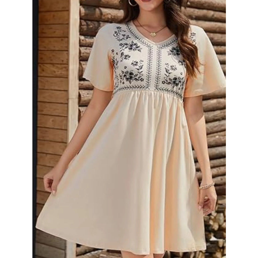 Floral V-Neck Mini Dress Khaki / S Apparel and Accessories