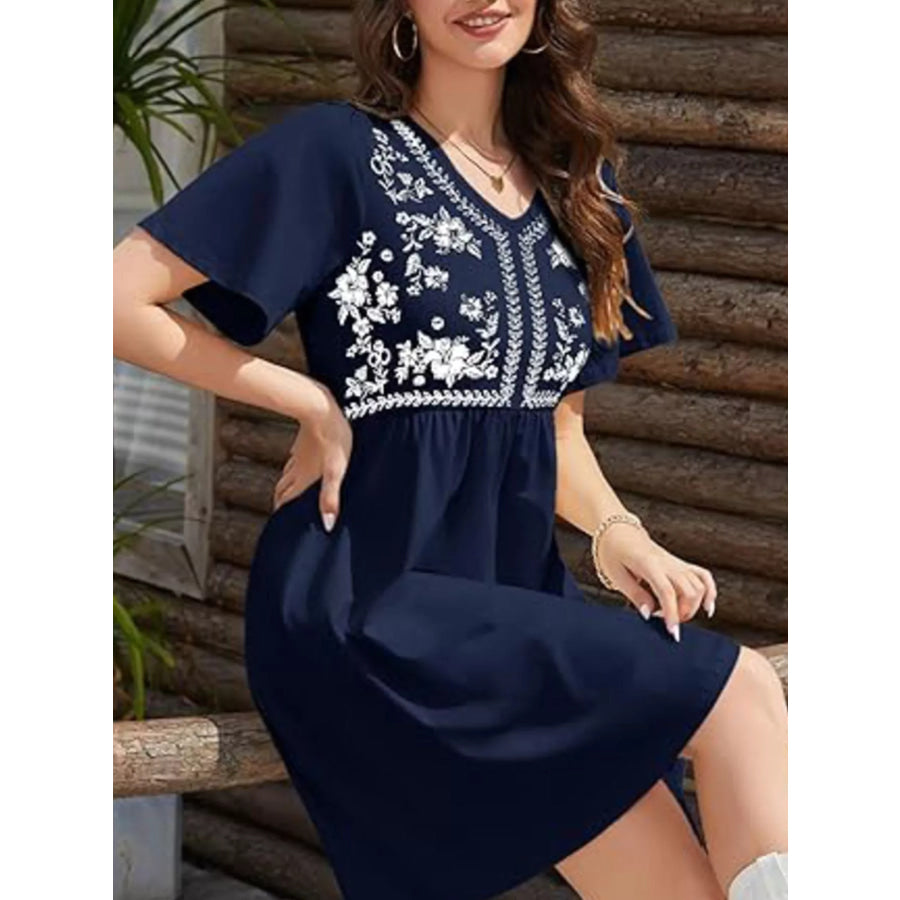 Floral V-Neck Mini Dress Navy / S Apparel and Accessories
