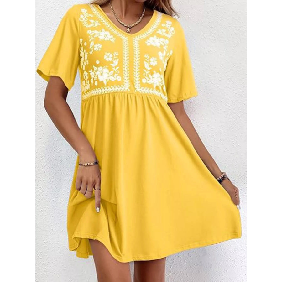 Floral V-Neck Mini Dress Yellow / S Apparel and Accessories