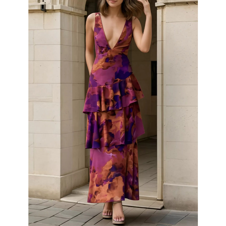 Floral V-Neck Ruffle Layered Maxi Dress Apparel and Accessories
