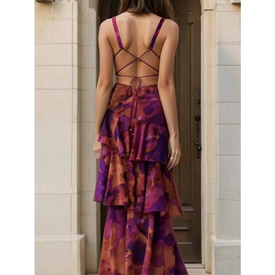 Floral V-Neck Ruffle Layered Maxi Dress Apparel and Accessories