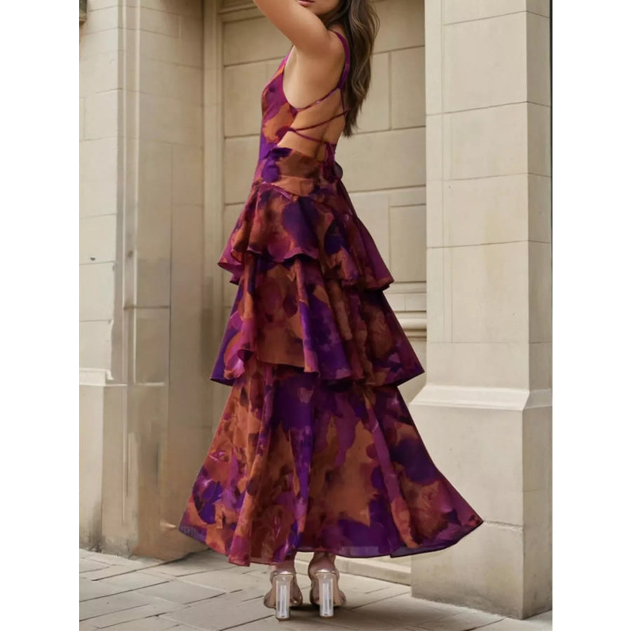 Floral V-Neck Ruffle Layered Maxi Dress Apparel and Accessories