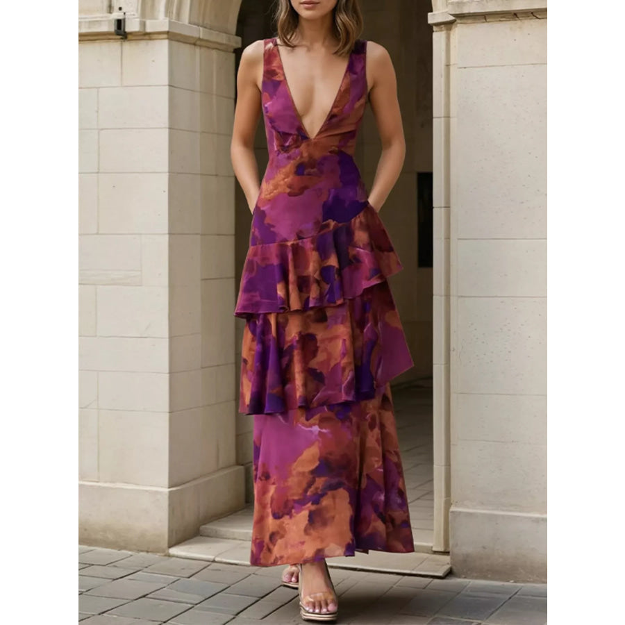 Floral V-Neck Ruffle Layered Maxi Dress Apparel and Accessories