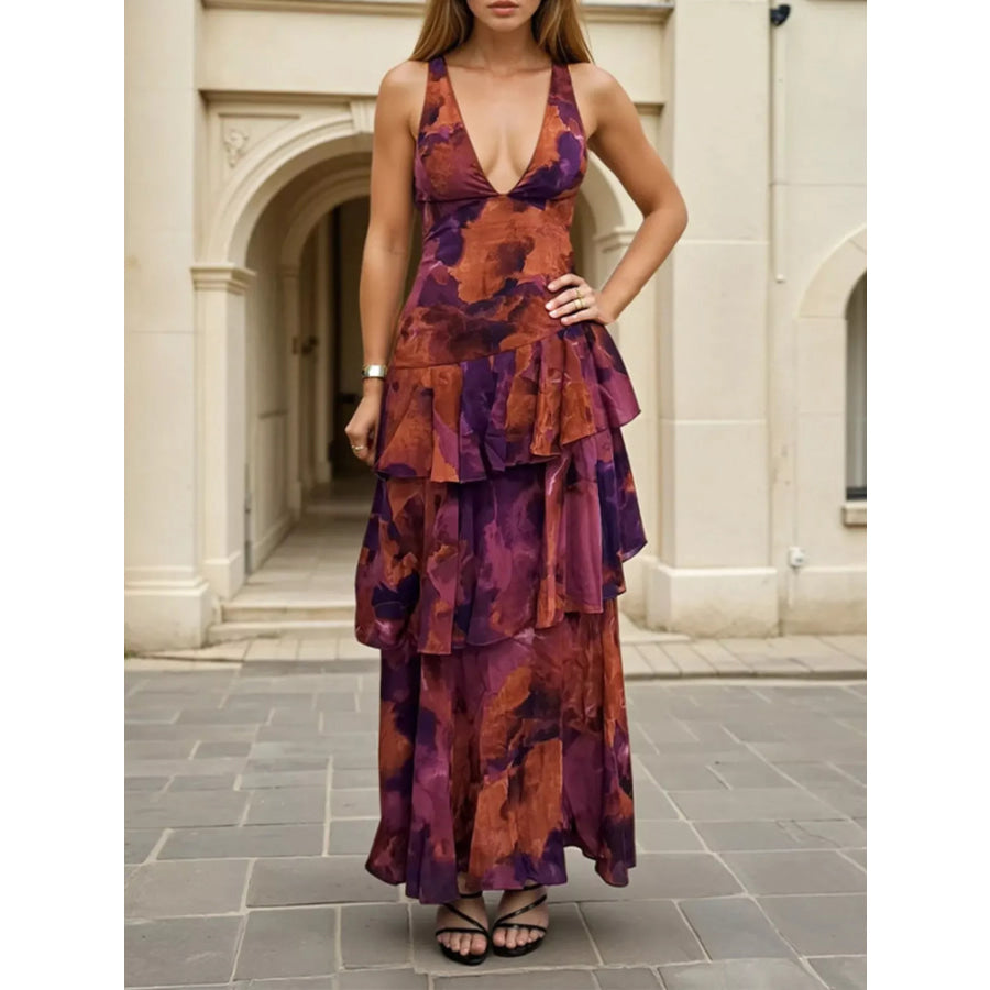 Floral V-Neck Ruffle Layered Maxi Dress Deep Purple / S Apparel and Accessories