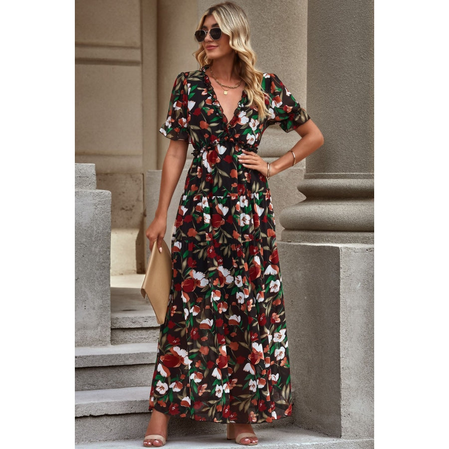 Floral V-Neck Short Flounce Sleeve Dress Black / S