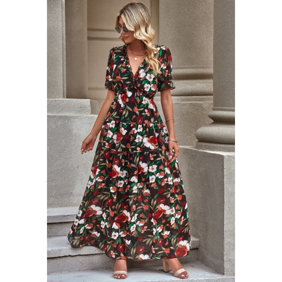 Floral V-Neck Short Flounce Sleeve Dress