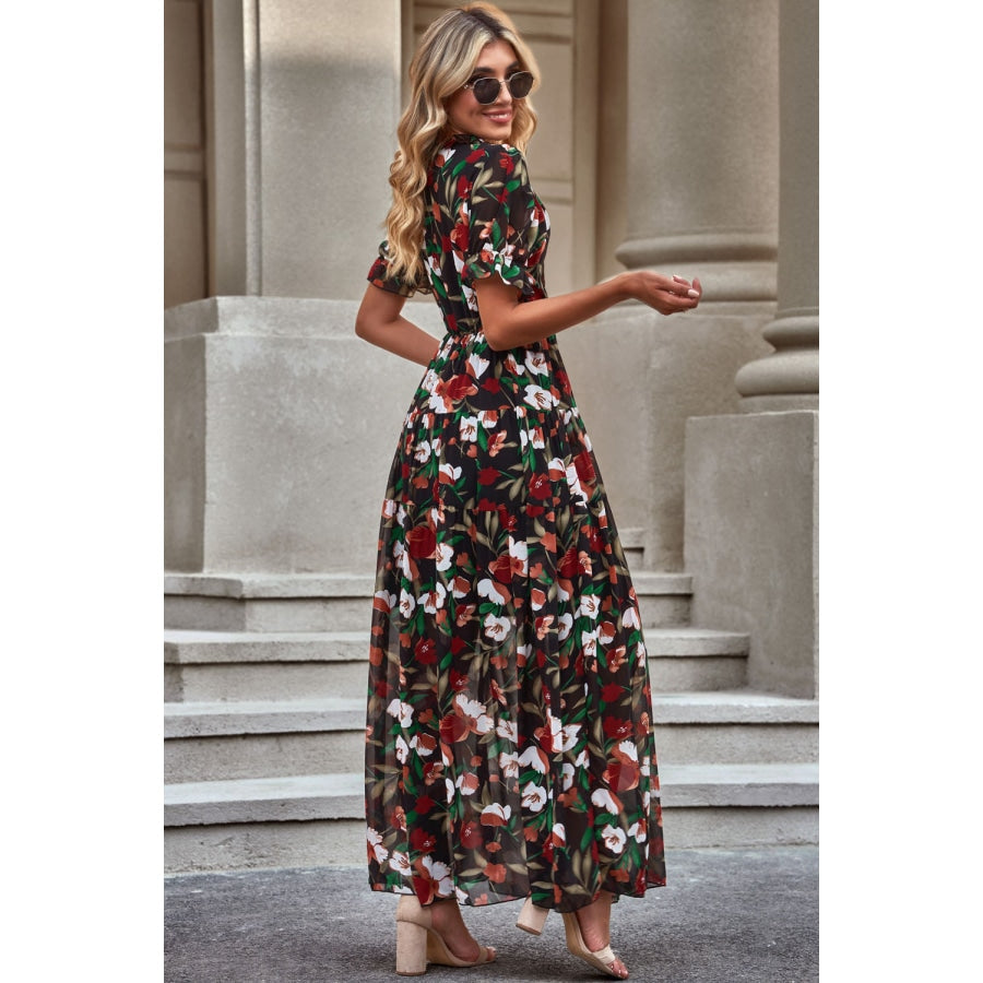 Floral V-Neck Short Flounce Sleeve Dress