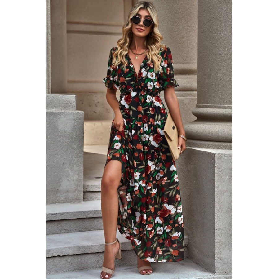 Floral V-Neck Short Flounce Sleeve Dress