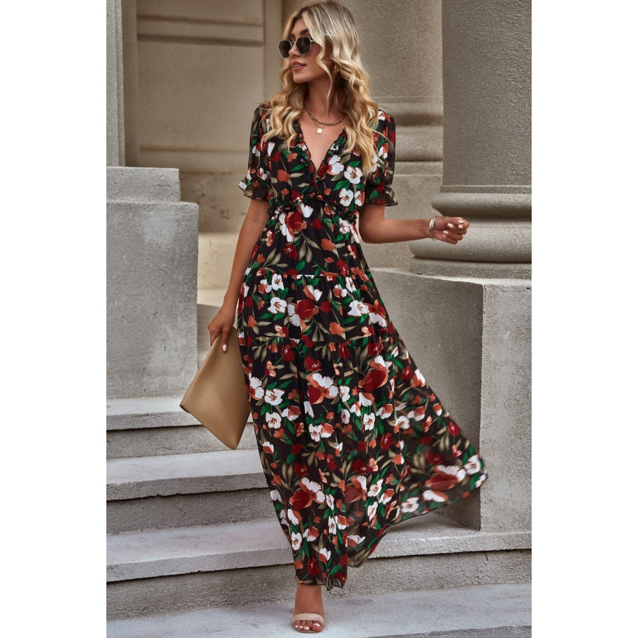 Floral V-Neck Short Flounce Sleeve Dress