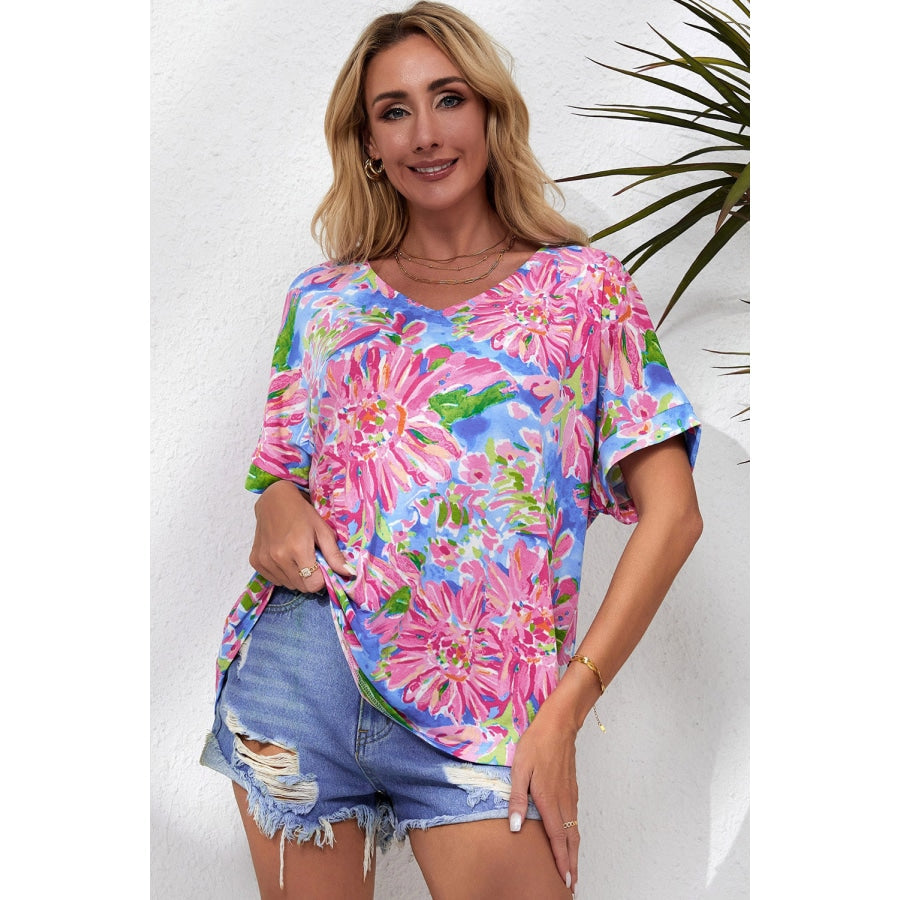 Floral V-Neck Short Sleeve Blouse Fuchsia Pink / S