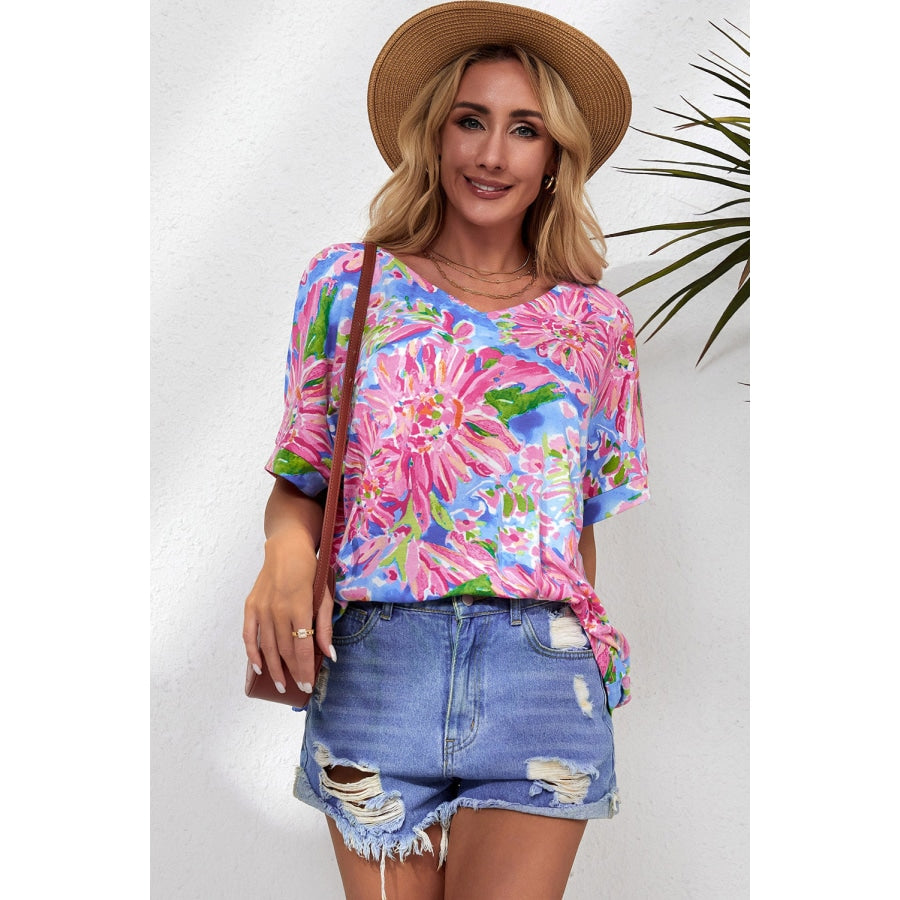 Floral V-Neck Short Sleeve Blouse