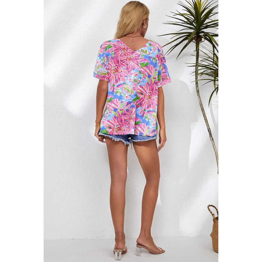 Floral V-Neck Short Sleeve Blouse