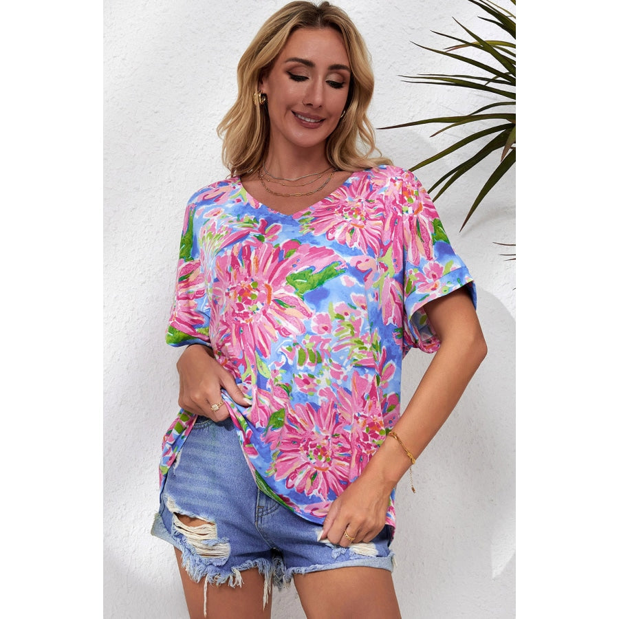 Floral V-Neck Short Sleeve Blouse Fuchsia Pink / S