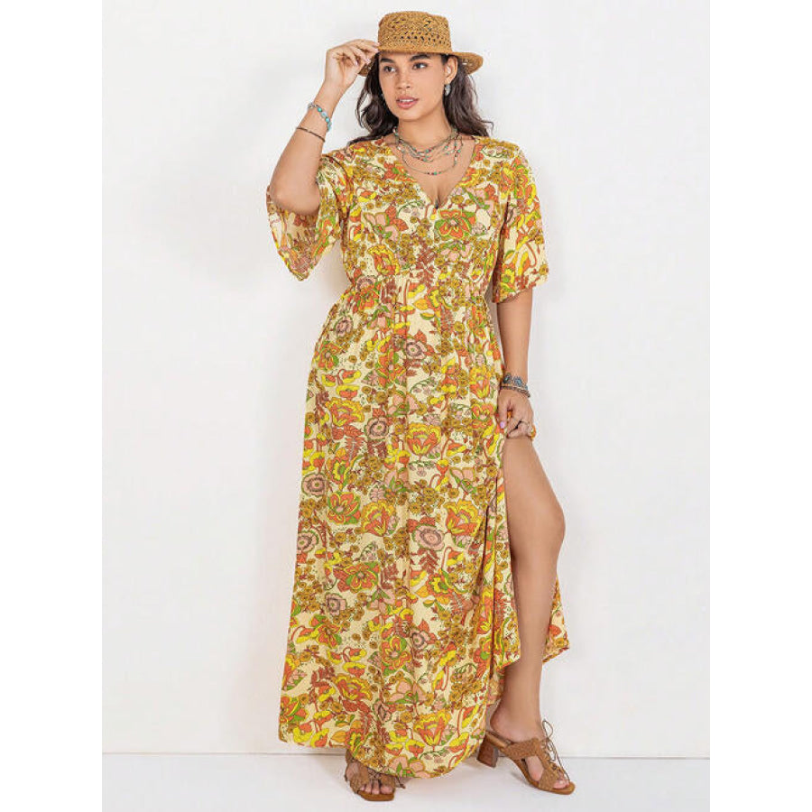 Floral V - Neck Short Sleeve Slit Dress Banana Yellow / 0XL Clothing