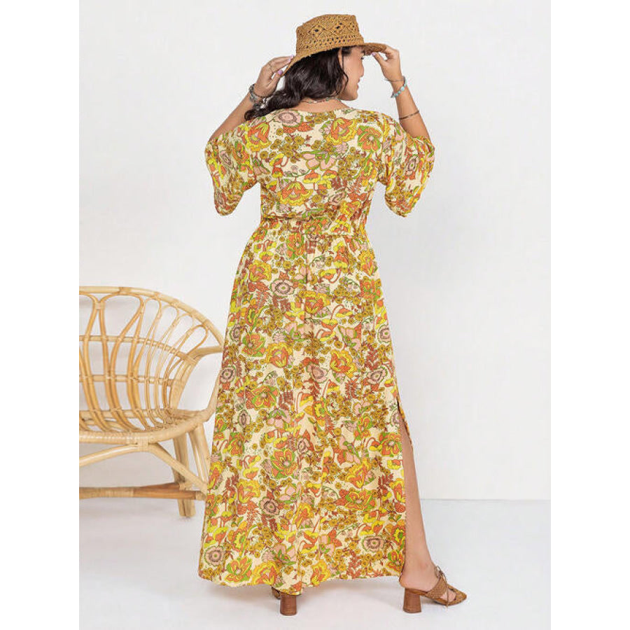 Floral V - Neck Short Sleeve Slit Dress Banana Yellow / 0XL Clothing