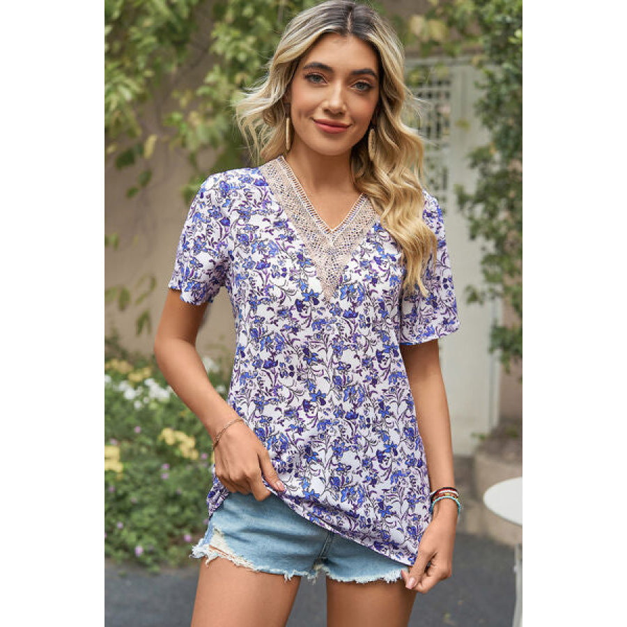 Floral V - Neck Short Sleeve T - Shirt Apparel and Accessories