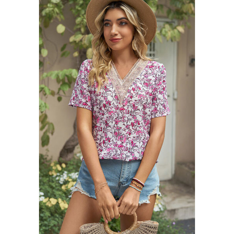 Floral V - Neck Short Sleeve T - Shirt Apparel and Accessories
