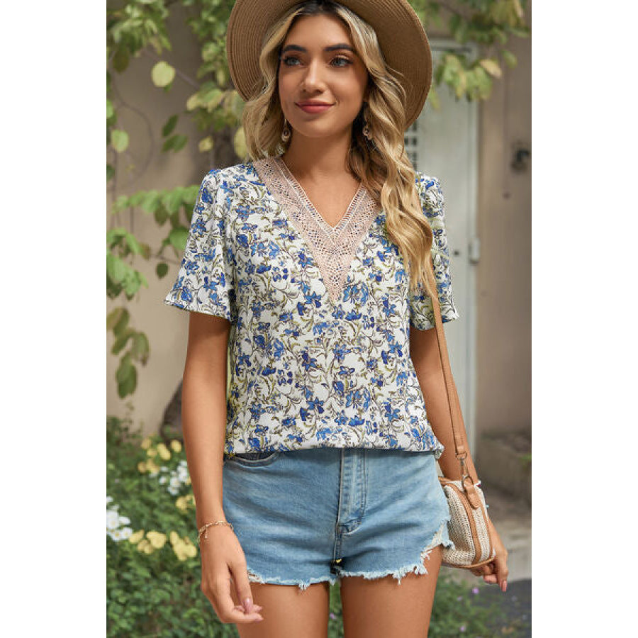 Floral V - Neck Short Sleeve T - Shirt Apparel and Accessories