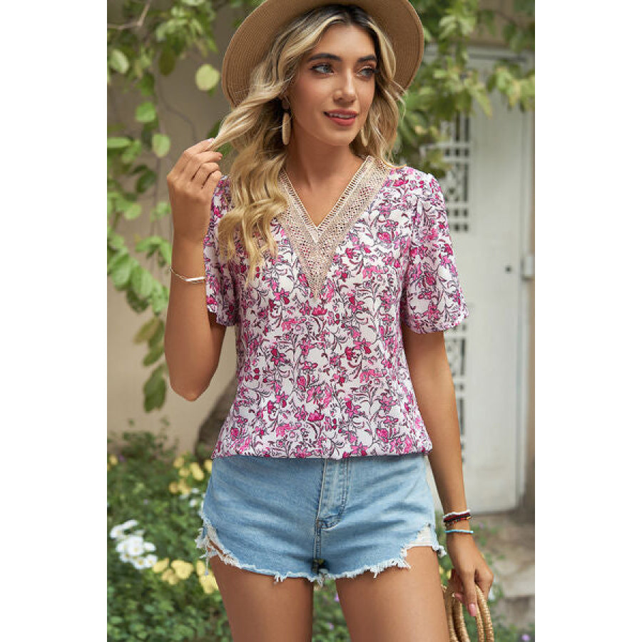Floral V - Neck Short Sleeve T - Shirt Apparel and Accessories