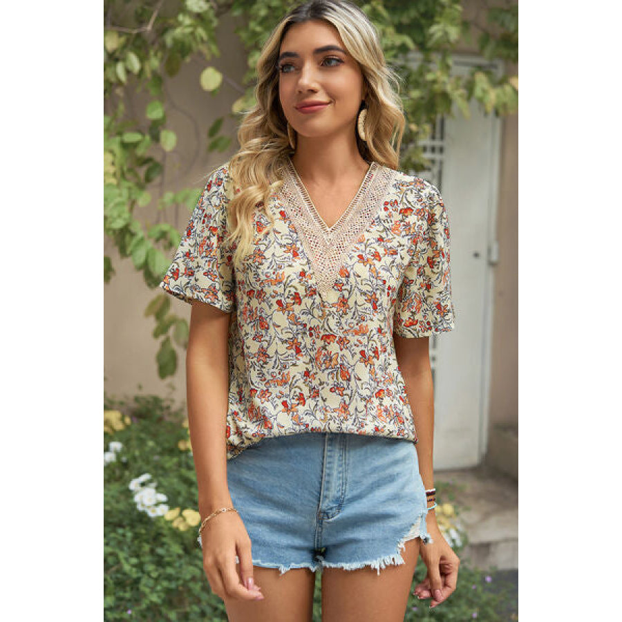 Floral V - Neck Short Sleeve T - Shirt Apparel and Accessories
