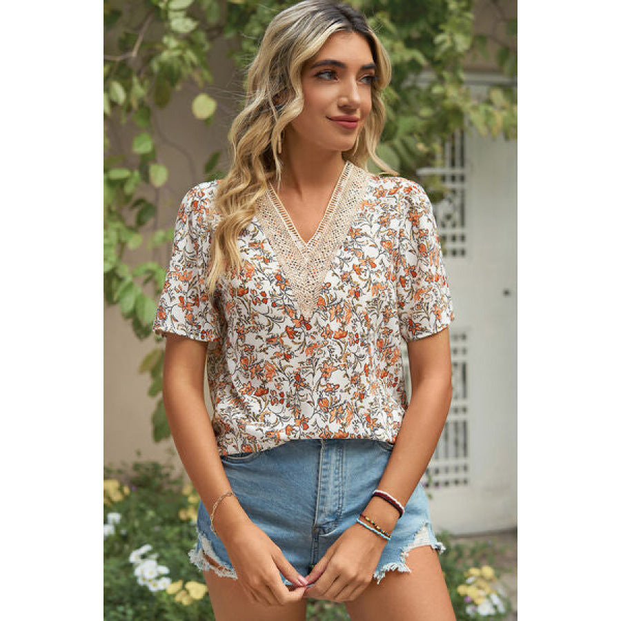 Floral V - Neck Short Sleeve T - Shirt Apparel and Accessories